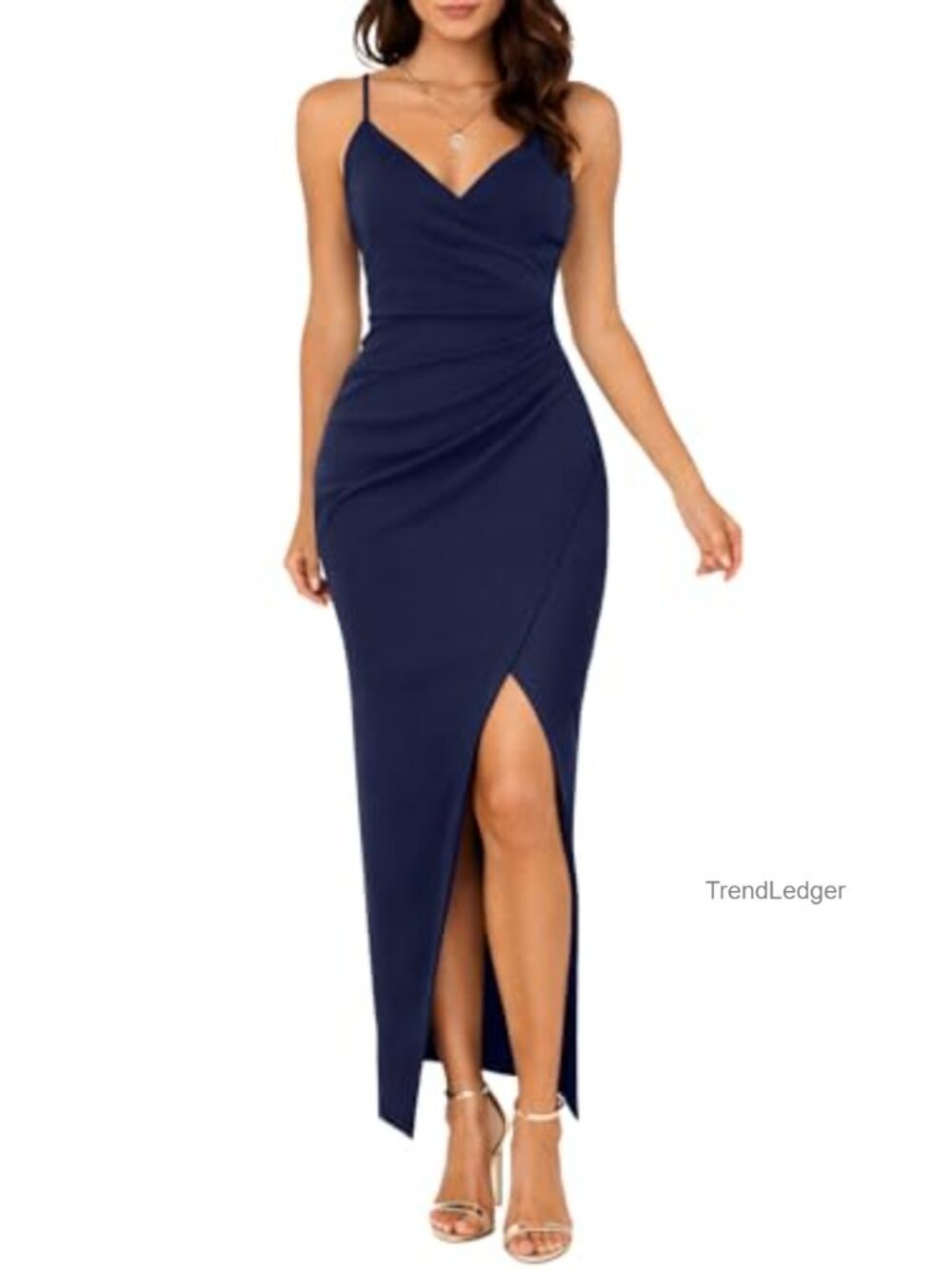 V Neck Wrap Bodycon Maxi Dress Spaghetti Strap Ruched Side Slit Formal